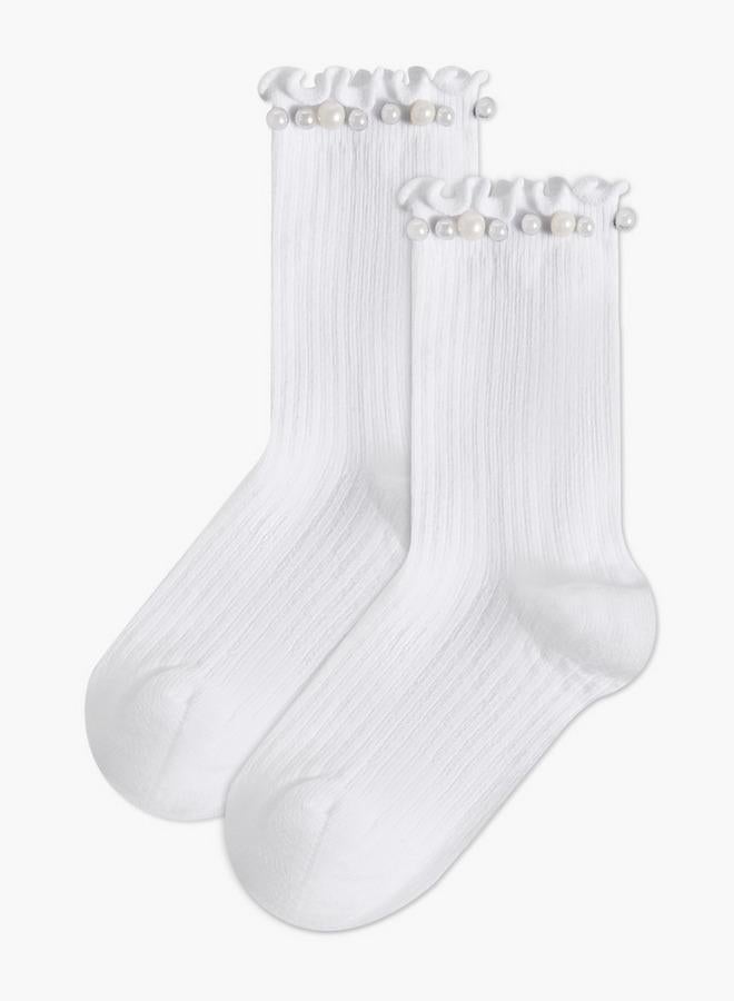 Celeste Pack Of 2 Girls Socks Crew Length Pearl Embellished Design Ramadan Collections - Image 1